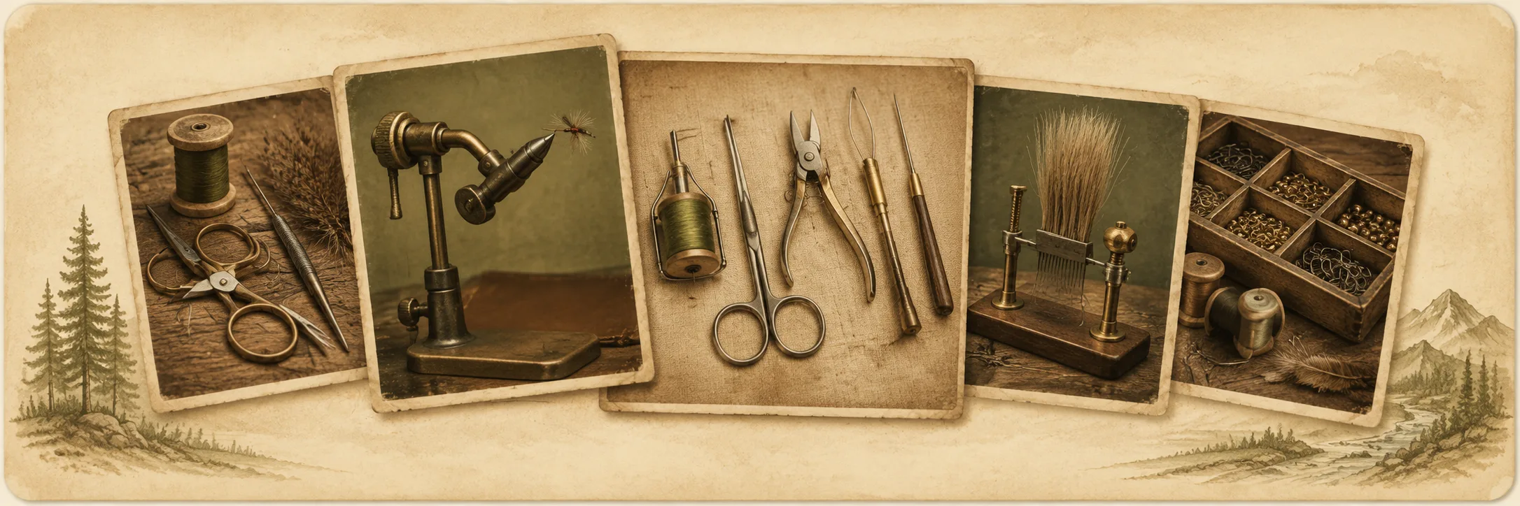 A collage of fly tying tools — thread spools and scissors, a vise, bodkins and pliers, a whip finisher, and a material storage box